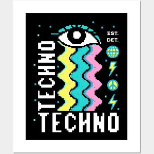 TECHNO  - 8 bit Rainbow Tears (white/blue/yellow) Posters and Art